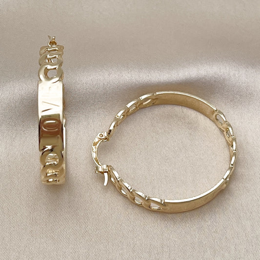Oro Laminado Medium Hoop, Gold Filled Style Miami Cuban and Love Design, Polished, Golden Finish
