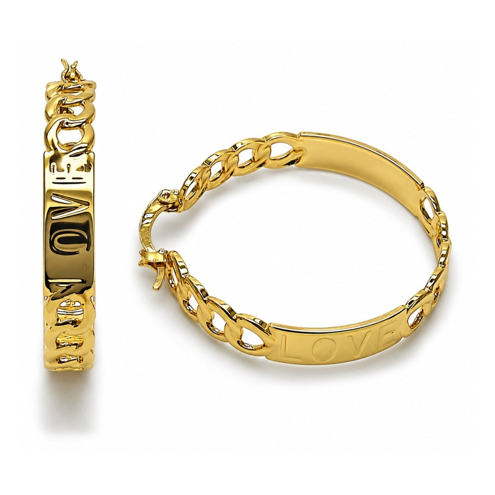 Oro Laminado Medium Hoop, Gold Filled Style Miami Cuban and Love Design, Polished, Golden Finish