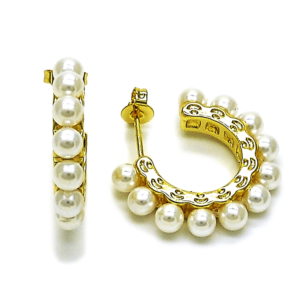 Oro Laminado Small Hoop, Gold Filled Style Ball Design, with Ivory Pearl, Polished, Golden Finish