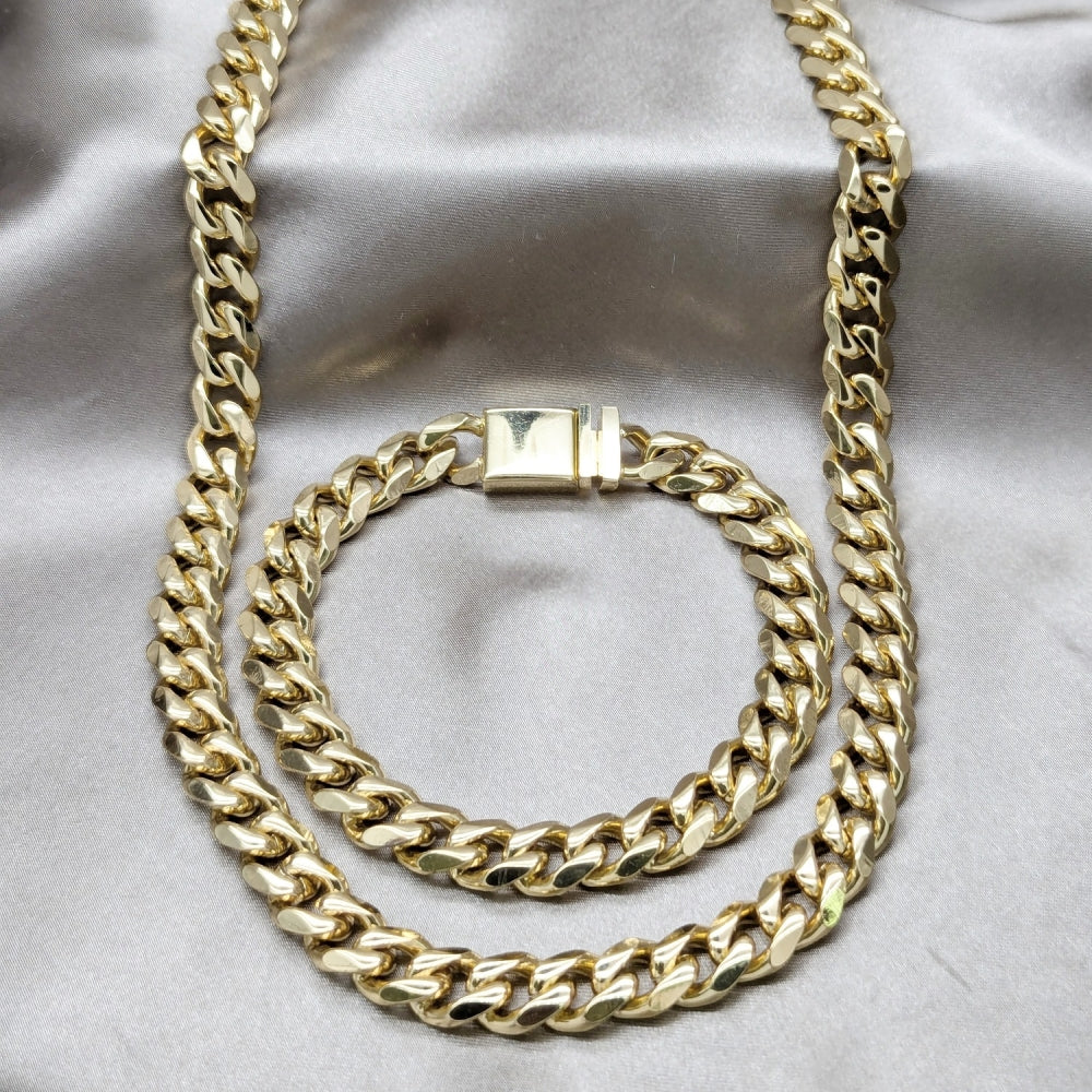 Stainless Steel Necklace and Bracelet, Miami Cuban Design, Polished, Golden Finish