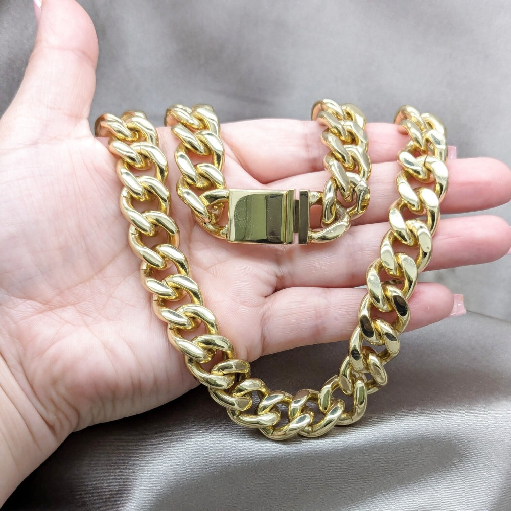Stainless Steel Necklace and Bracelet, Miami Cuban Design, Polished, Golden Finish