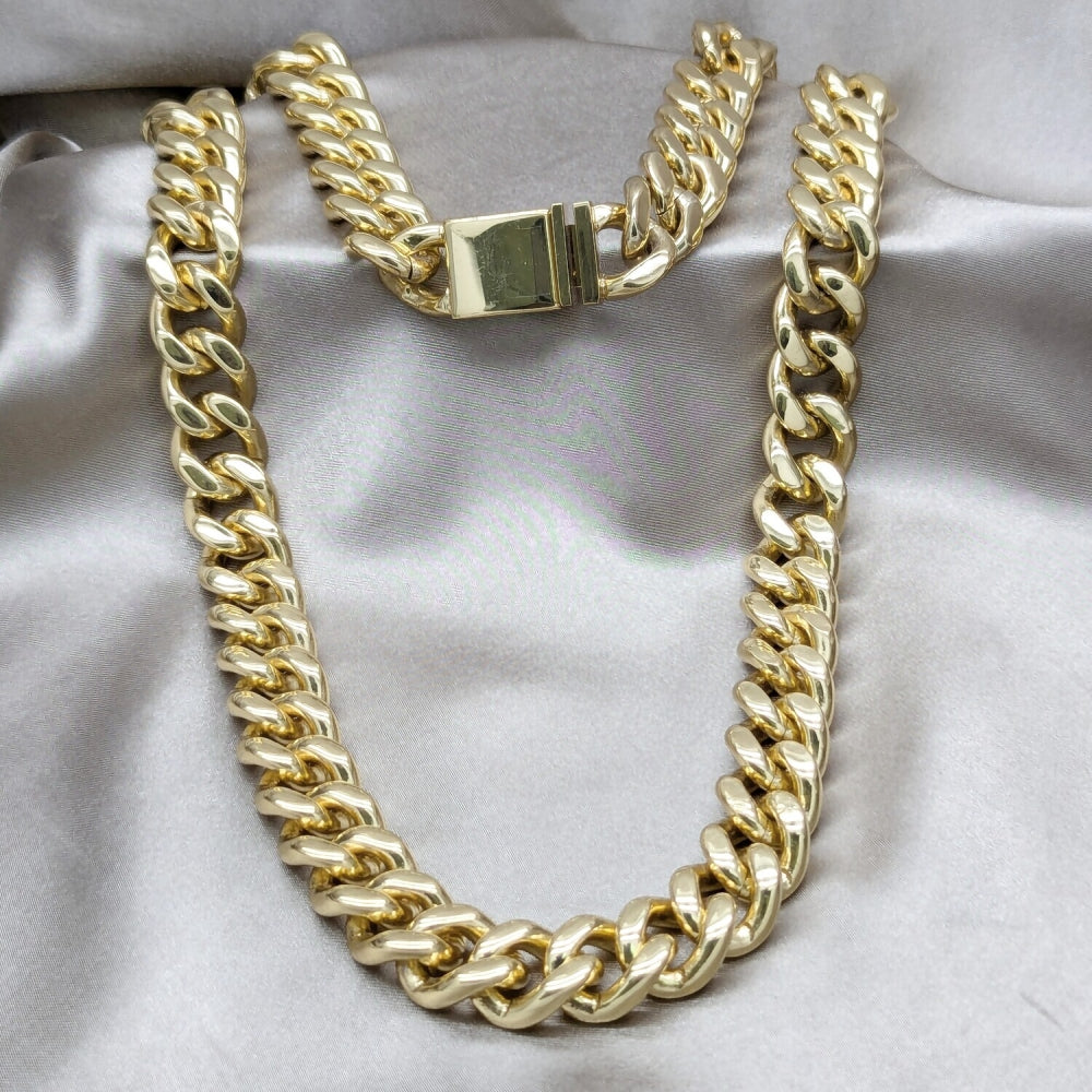 Stainless Steel Necklace and Bracelet, Miami Cuban Design, Polished, Golden Finish