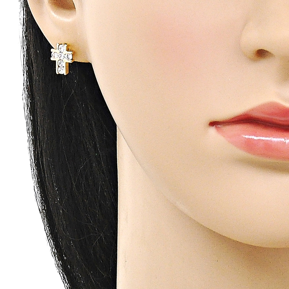 Oro Laminado Stud Earring, Gold Filled Style Cross Design, with White Cubic Zirconia, Polished, Golden Finish