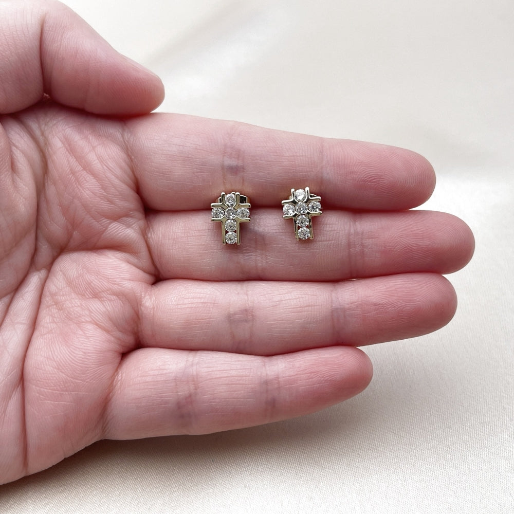 Oro Laminado Stud Earring, Gold Filled Style Cross Design, with White Cubic Zirconia, Polished, Golden Finish