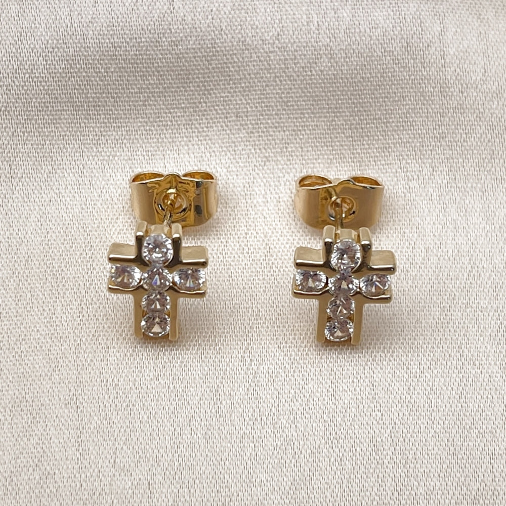 Oro Laminado Stud Earring, Gold Filled Style Cross Design, with White Cubic Zirconia, Polished, Golden Finish