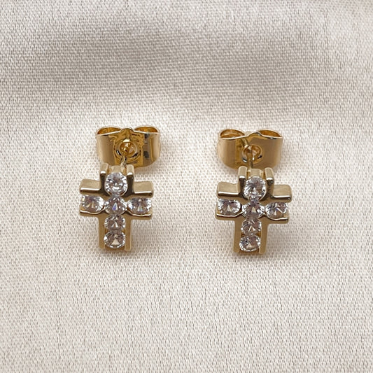 Oro Laminado Stud Earring, Gold Filled Style Cross Design, with White Cubic Zirconia, Polished, Golden Finish