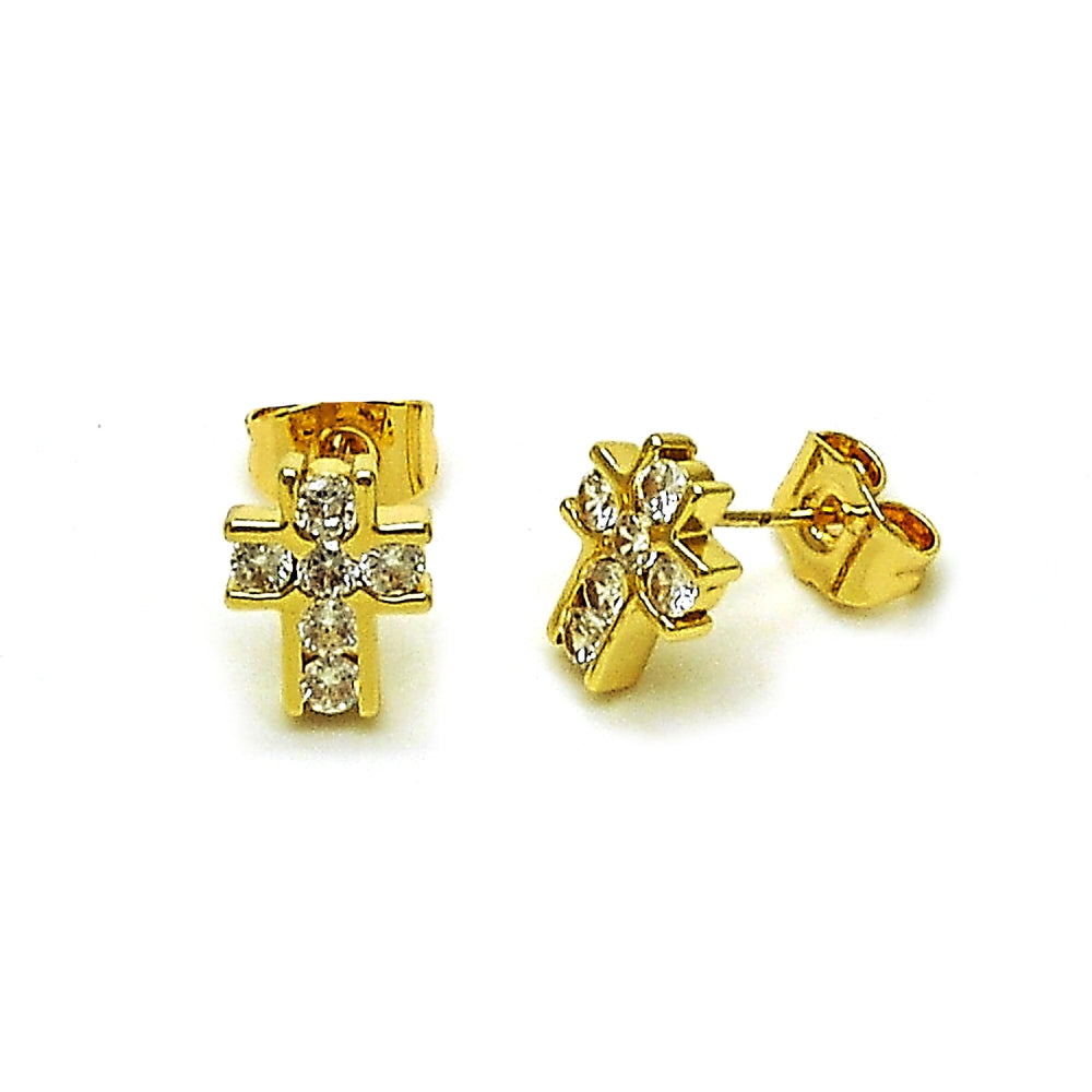 Oro Laminado Stud Earring, Gold Filled Style Cross Design, with White Cubic Zirconia, Polished, Golden Finish