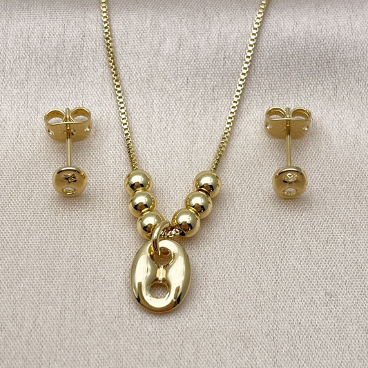 Oro Laminado Earring and Pendant Adult Set, Gold Filled Style Puff Mariner and Box Design, Polished, Golden Finish