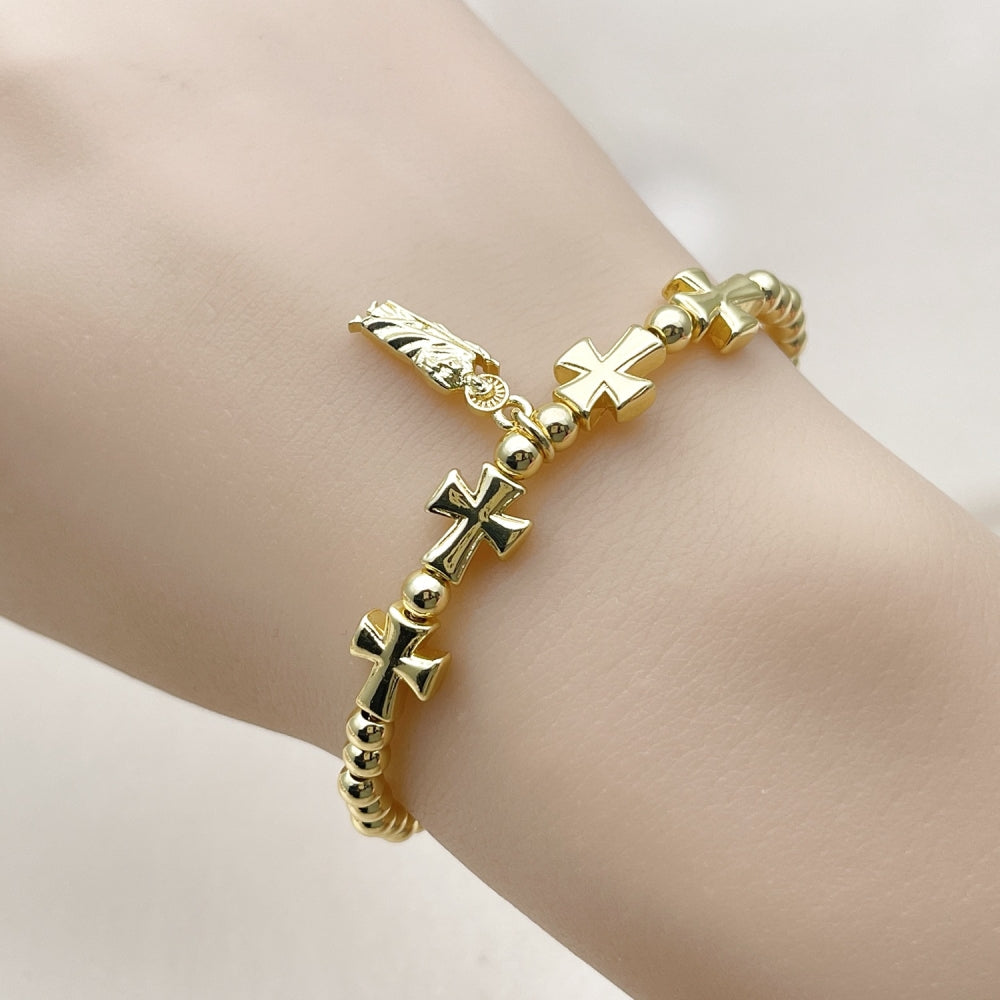 Oro Laminado Adjustable Bolo Bracelet, Gold Filled Style San Judas and Cross Design, Polished, Golden Finish