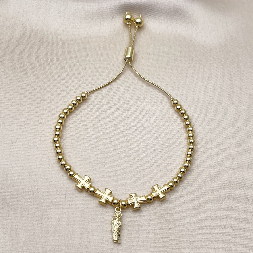Oro Laminado Adjustable Bolo Bracelet, Gold Filled Style San Judas and Cross Design, Polished, Golden Finish