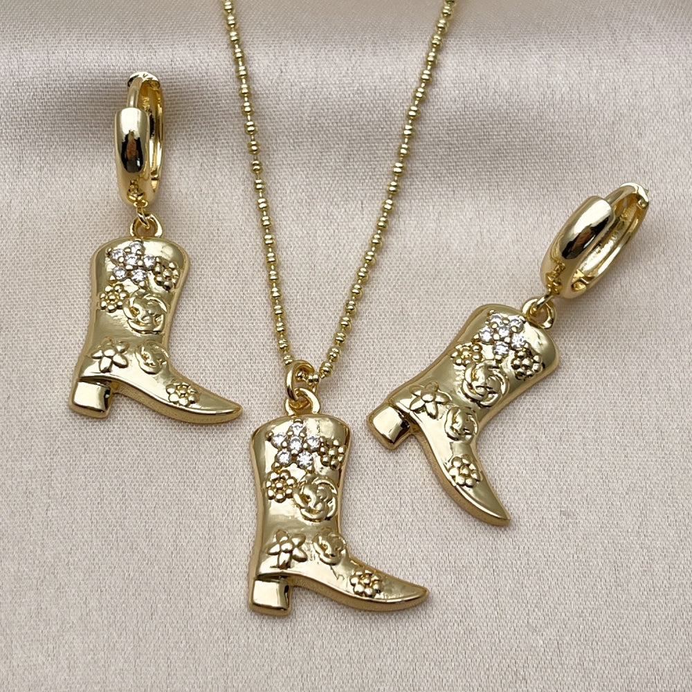 Oro Laminado Earring and Pendant Adult Set, Gold Filled Style Shoes and Flower Design, with White Cubic Zirconia, Polished, Golden Finish