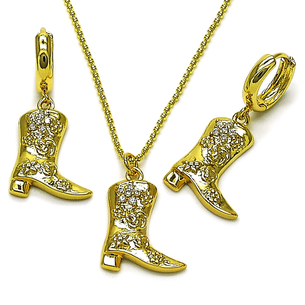 Oro Laminado Earring and Pendant Adult Set, Gold Filled Style Shoes and Flower Design, with White Cubic Zirconia, Polished, Golden Finish
