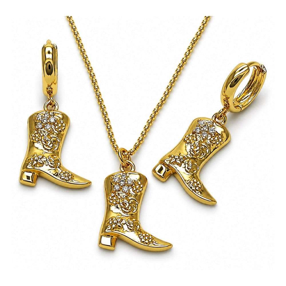 Oro Laminado Earring and Pendant Adult Set, Gold Filled Style Shoes and Flower Design, with White Cubic Zirconia, Polished, Golden Finish
