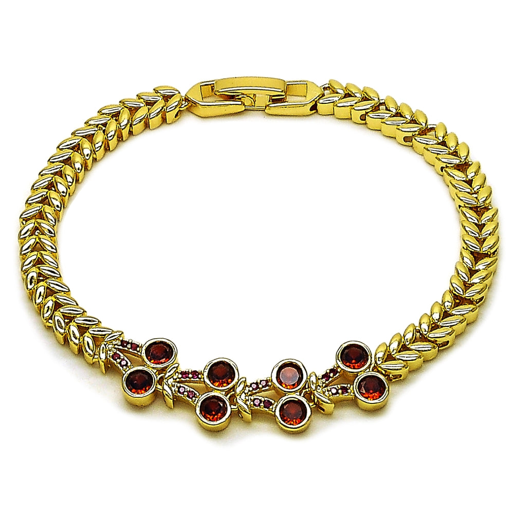 Oro Laminado Fancy Bracelet, Gold Filled Style with White Cubic Zirconia and Ruby Micro Pave, Polished, Golden Finish