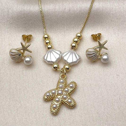 Oro Laminado Earring and Pendant Adult Set, Gold Filled Style Shell and Star Design, with Ivory Pearl, White Enamel Finish, Golden Finish