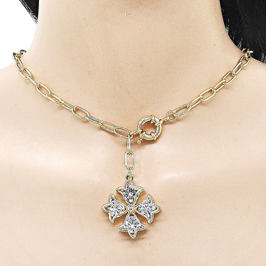 Oro Laminado Pendant Necklace, Gold Filled Style Four-leaf Clover and Flower Design, with White Crystal, Polished, Golden Finish