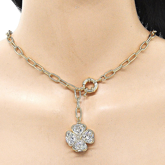Oro Laminado Pendant Necklace, Gold Filled Style Four-leaf Clover and Heart Design, with White Crystal, Polished, Golden Finish