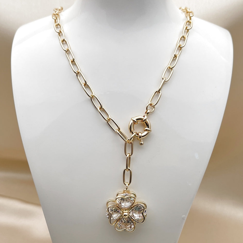 Oro Laminado Pendant Necklace, Gold Filled Style Four-leaf Clover and Heart Design, with White Crystal, Polished, Golden Finish