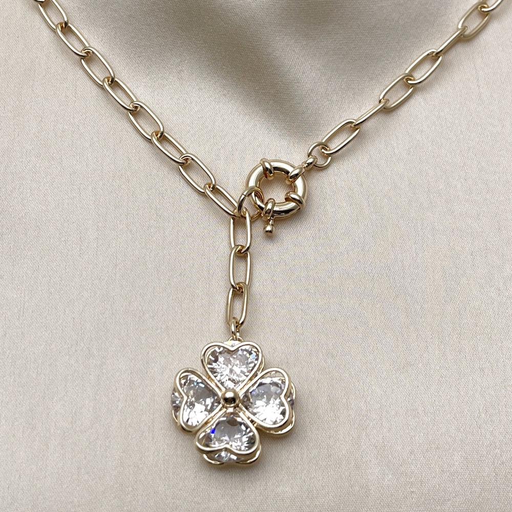 Oro Laminado Pendant Necklace, Gold Filled Style Four-leaf Clover and Heart Design, with White Crystal, Polished, Golden Finish
