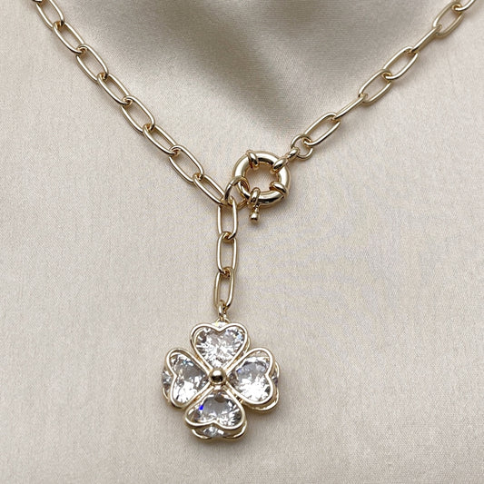 Oro Laminado Pendant Necklace, Gold Filled Style Four-leaf Clover and Heart Design, with White Crystal, Polished, Golden Finish