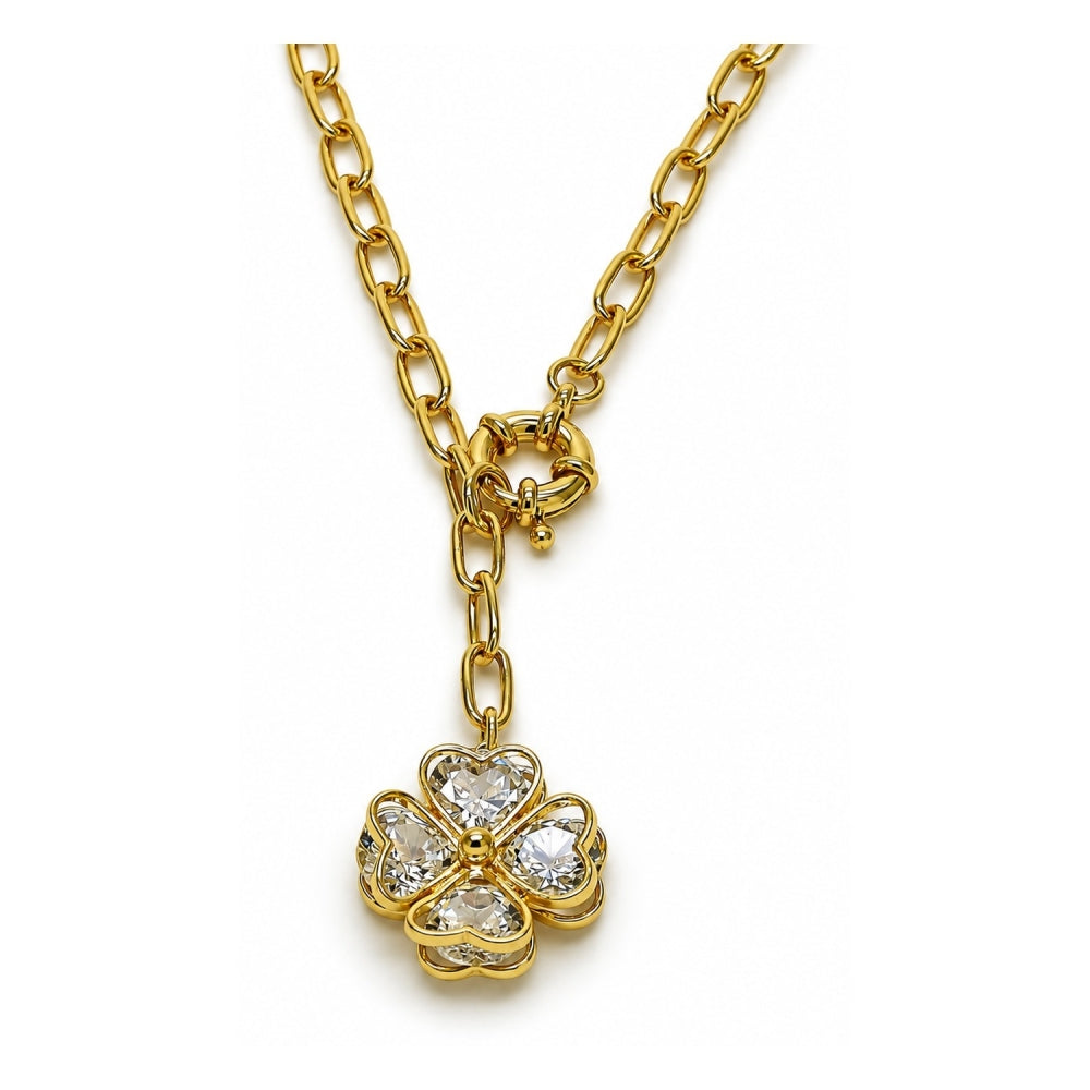 Oro Laminado Pendant Necklace, Gold Filled Style Four-leaf Clover and Heart Design, with White Crystal, Polished, Golden Finish