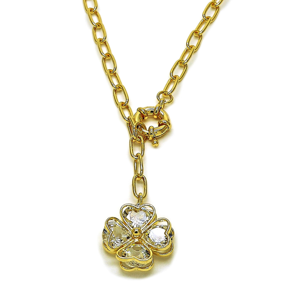 Oro Laminado Pendant Necklace, Gold Filled Style Four-leaf Clover and Heart Design, with White Crystal, Polished, Golden Finish