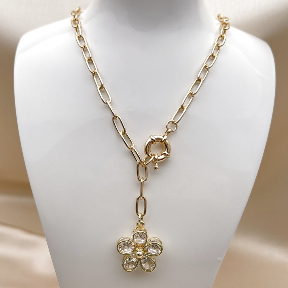 Oro Laminado Fancy Necklace, Gold Filled Style Flower Design, with White Cubic Zirconia, Polished, Golden Finish