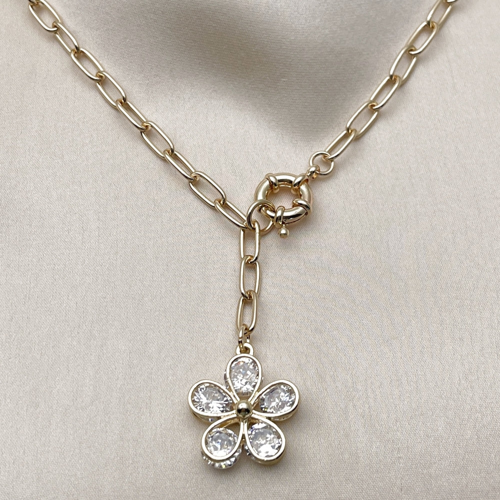 Oro Laminado Fancy Necklace, Gold Filled Style Flower Design, with White Cubic Zirconia, Polished, Golden Finish