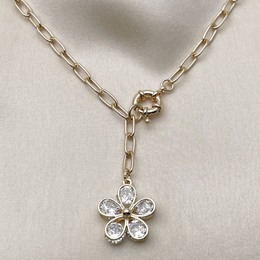 Oro Laminado Fancy Necklace, Gold Filled Style Flower Design, with White Cubic Zirconia, Polished, Golden Finish