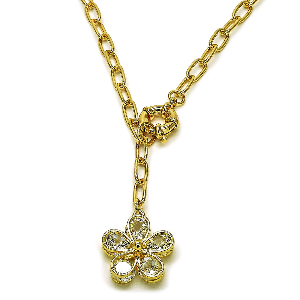 Oro Laminado Fancy Necklace, Gold Filled Style Flower Design, with White Cubic Zirconia, Polished, Golden Finish
