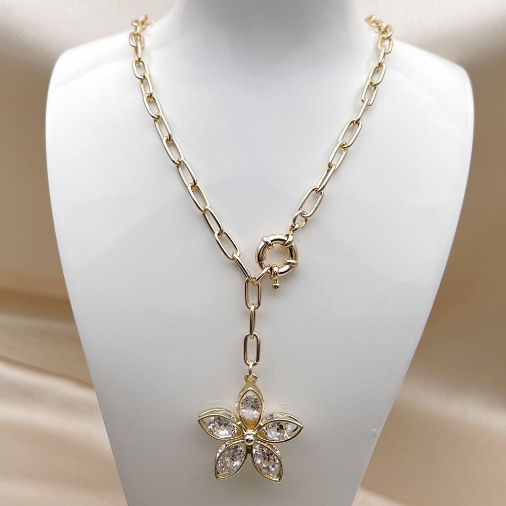 Oro Laminado Fancy Necklace, Gold Filled Style Flower Design, with White Cubic Zirconia, Polished, Golden Finish