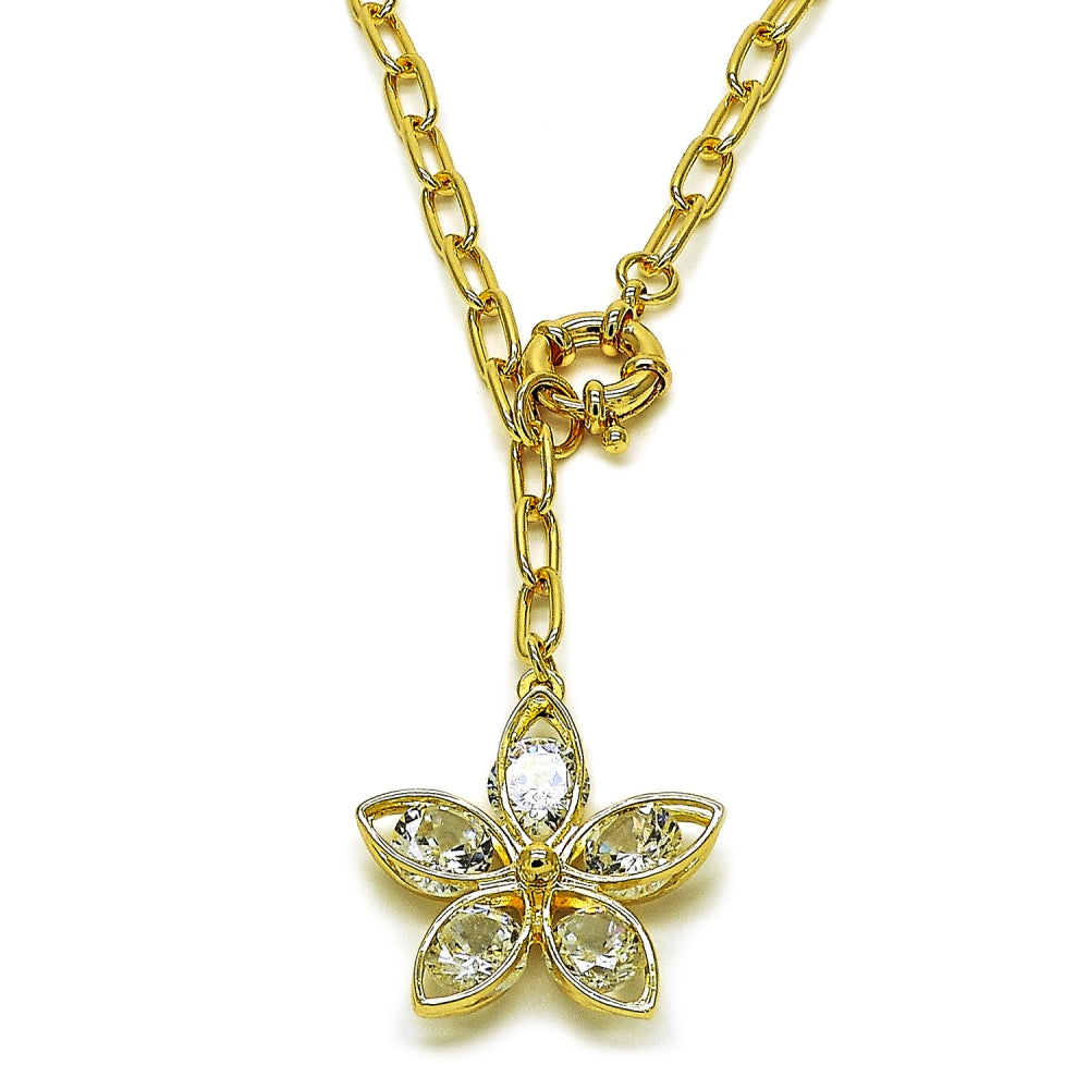 Oro Laminado Fancy Necklace, Gold Filled Style Flower Design, with White Cubic Zirconia, Polished, Golden Finish