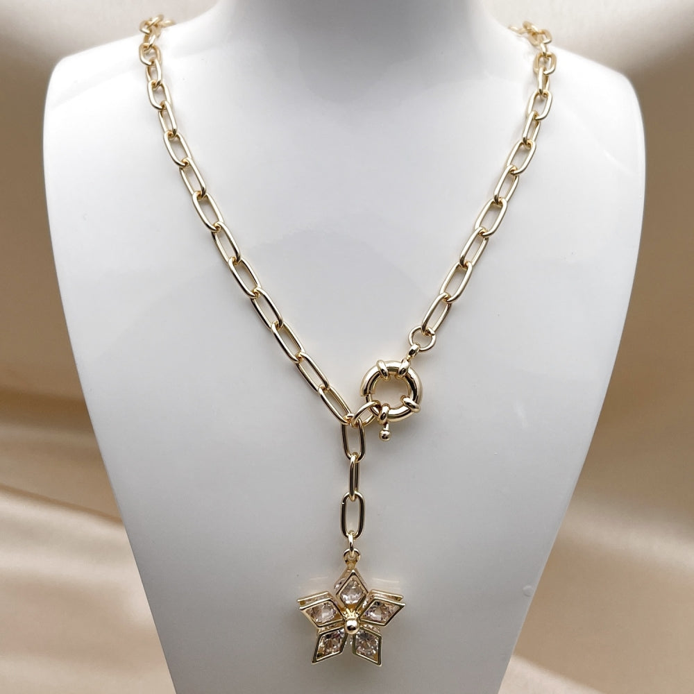 Oro Laminado Fancy Necklace, Gold Filled Style Flower and Rolo Design, with White Cubic Zirconia, Polished, Golden Finish