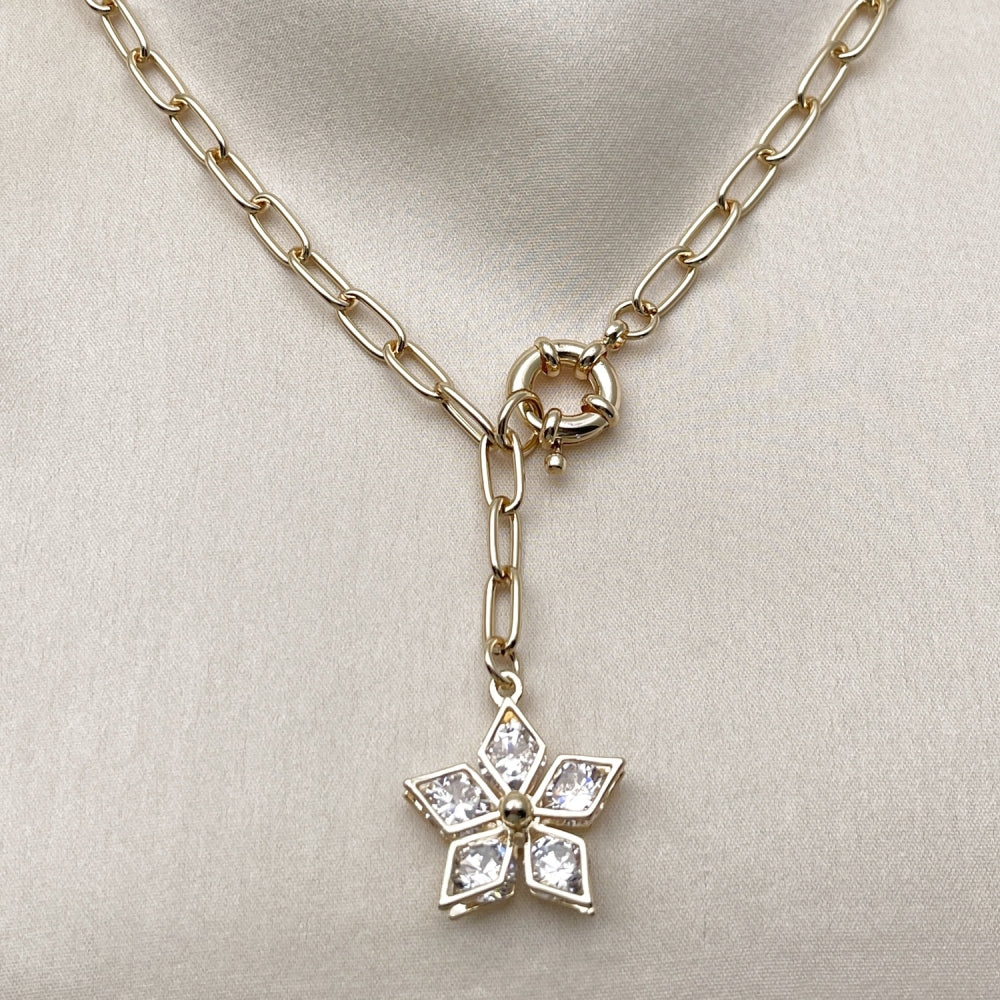 Oro Laminado Fancy Necklace, Gold Filled Style Flower and Rolo Design, with White Cubic Zirconia, Polished, Golden Finish