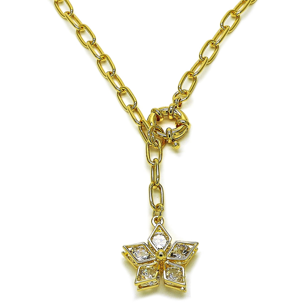 Oro Laminado Fancy Necklace, Gold Filled Style Flower and Rolo Design, with White Cubic Zirconia, Polished, Golden Finish
