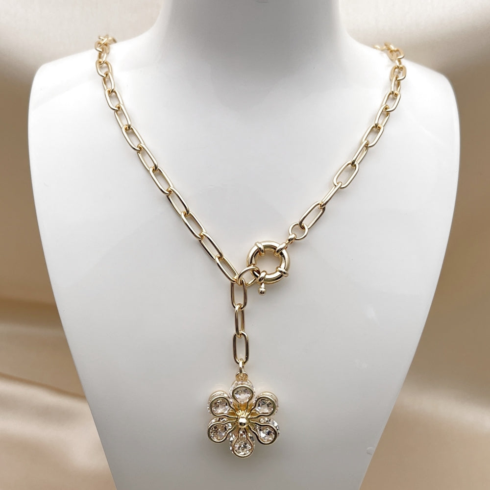Oro Laminado Fancy Necklace, Gold Filled Style Flower and Rolo Design, with White Cubic Zirconia, Polished, Golden Finish