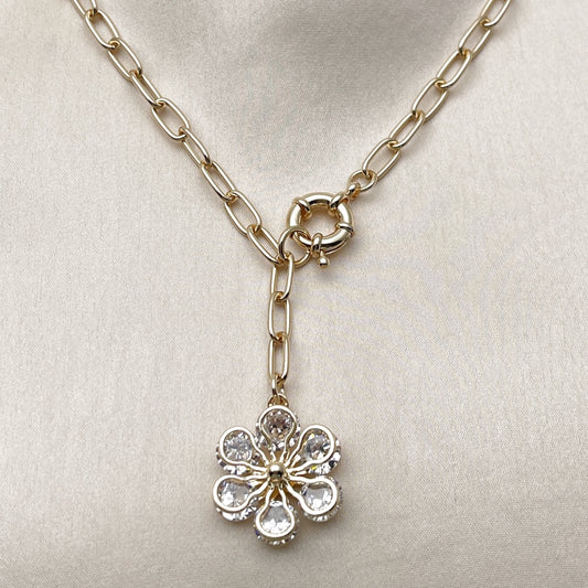 Oro Laminado Fancy Necklace, Gold Filled Style Flower and Rolo Design, with White Cubic Zirconia, Polished, Golden Finish