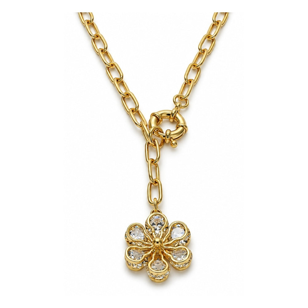 Oro Laminado Fancy Necklace, Gold Filled Style Flower and Rolo Design, with White Cubic Zirconia, Polished, Golden Finish