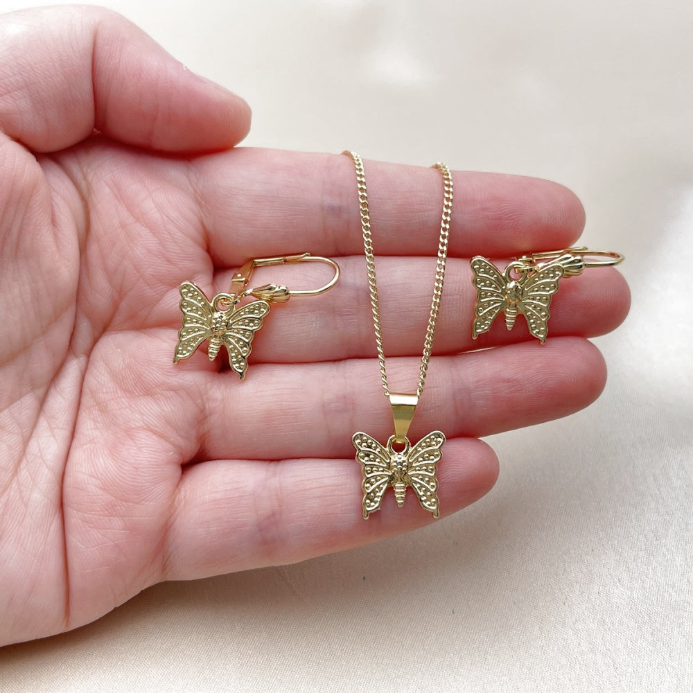 Oro Laminado Earring and Pendant Adult Set, Gold Filled Style Butterfly Design, Polished, Golden Finish