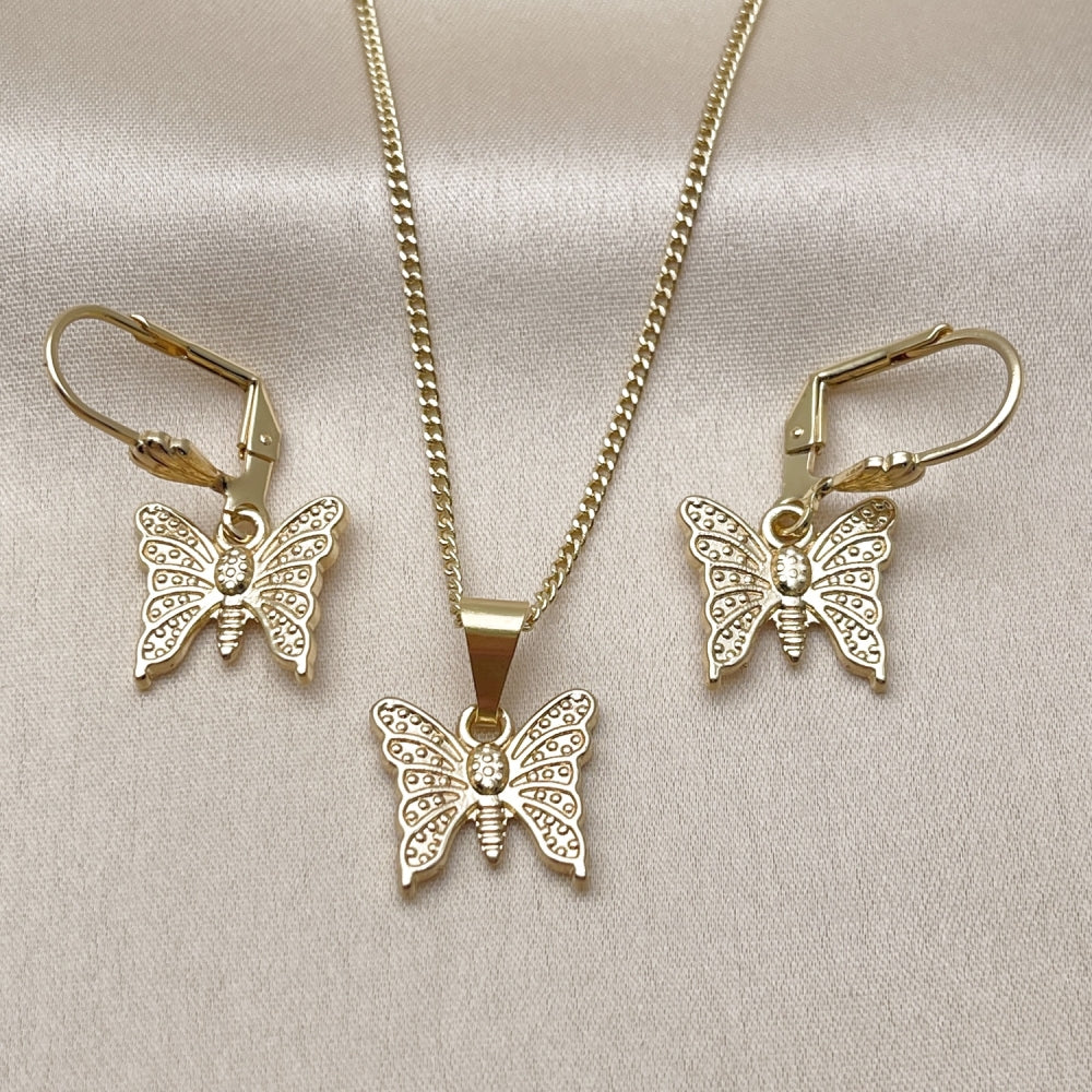 Oro Laminado Earring and Pendant Adult Set, Gold Filled Style Butterfly Design, Polished, Golden Finish