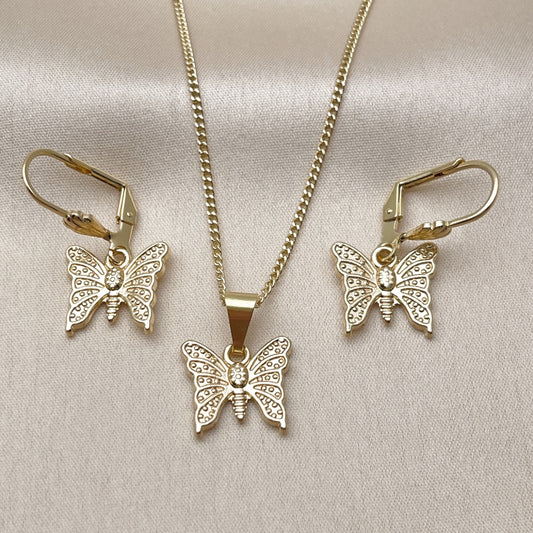 Oro Laminado Earring and Pendant Adult Set, Gold Filled Style Butterfly Design, Polished, Golden Finish