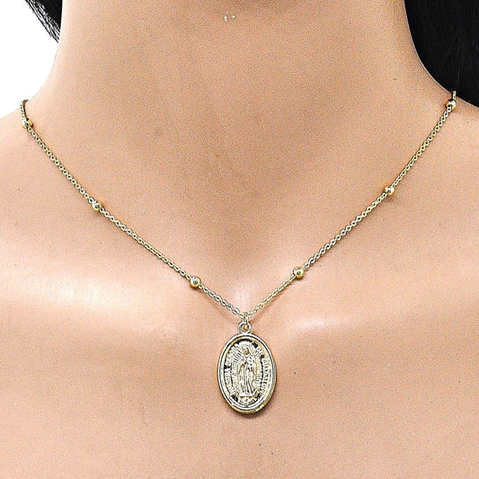 Oro Laminado Pendant Necklace, Gold Filled Style Guadalupe and Rolo Design, Polished, Golden Finish