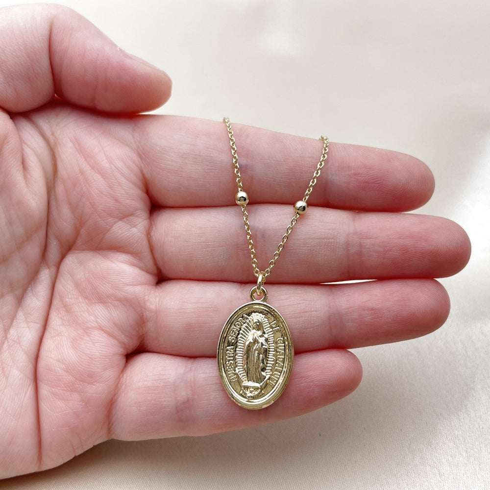 Oro Laminado Pendant Necklace, Gold Filled Style Guadalupe and Rolo Design, Polished, Golden Finish
