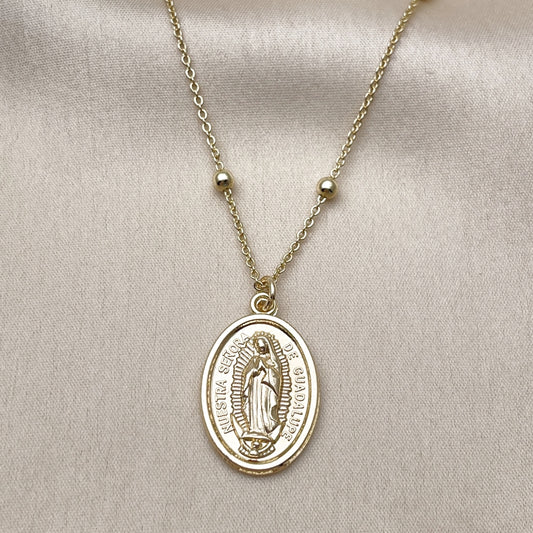 Oro Laminado Pendant Necklace, Gold Filled Style Guadalupe and Rolo Design, Polished, Golden Finish