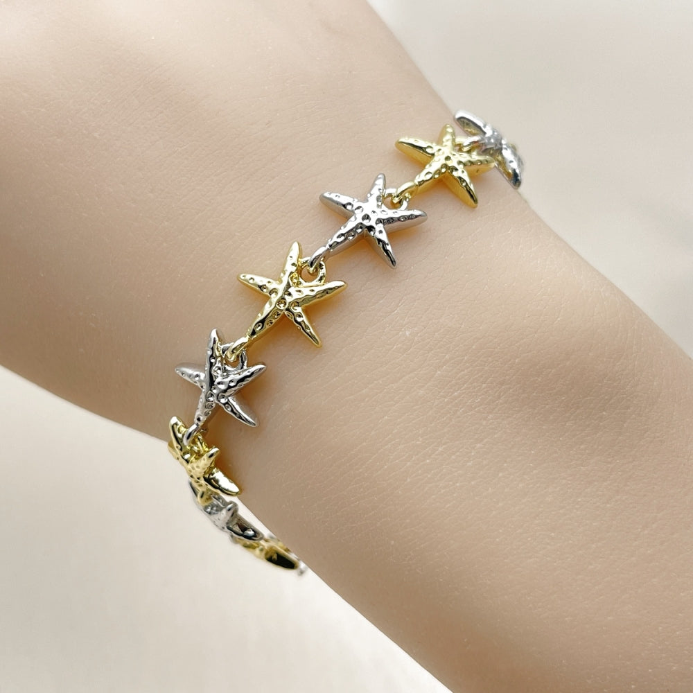 Oro Laminado Tennis Bracelet, Gold Filled Style Star Design, Diamond Cutting Finish, Two Tone