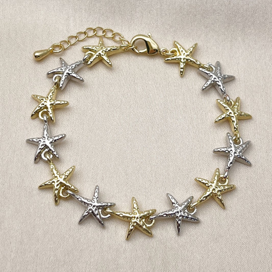 Oro Laminado Tennis Bracelet, Gold Filled Style Star Design, Diamond Cutting Finish, Two Tone
