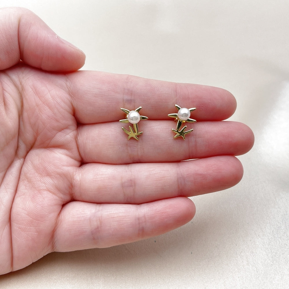 Oro Laminado Stud Earring, Gold Filled Style Star Design, with Ivory Pearl, Polished, Golden Finish