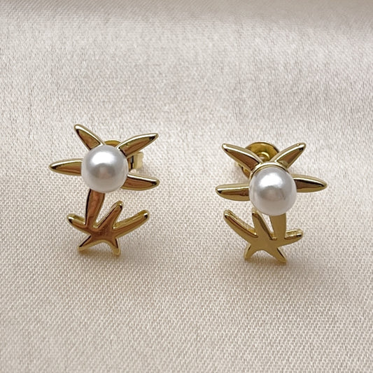 Oro Laminado Stud Earring, Gold Filled Style Star Design, with Ivory Pearl, Polished, Golden Finish