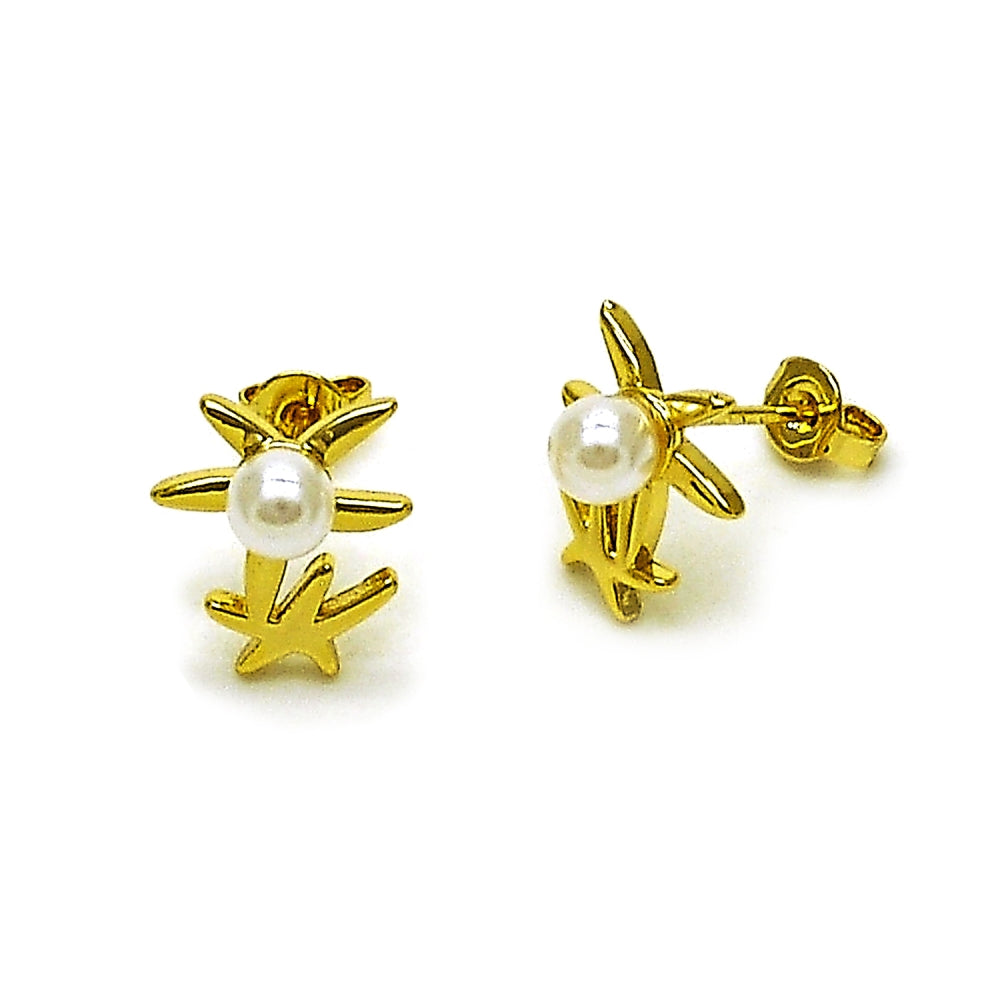 Oro Laminado Stud Earring, Gold Filled Style Star Design, with Ivory Pearl, Polished, Golden Finish