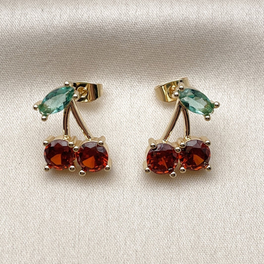 Oro Laminado Stud Earring, Gold Filled Style Cherry Design, with Garnet and Light Turquoise Cubic Zirconia, Polished, Golden Finish